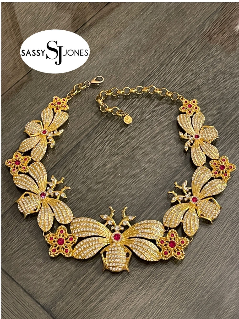 Sassy Jones Gold-tone Pave Crystal Insect Bee Statement Bib Choker Necklace